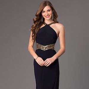 Betsy & Adam Sleeveless Navy Blue Long Prom Dress
